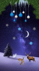 Winter illustration with snow forest design and animals.