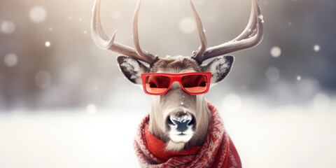 Funny portrait of a reindeer with sunglasses and red scarf in winter - obrazy, fototapety, plakaty