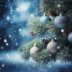 Obraz na płótnie Canvas pine tree decorated with christmas balls,snow,