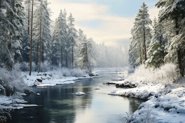 Summit covered in snow, calm river, thick forest of pines. Generative AI