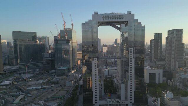 medium flying right view of Umeda Sky Building in Osaka Japan