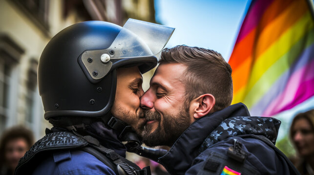 Two policemen kissing amid an LGBT+ demonstration.