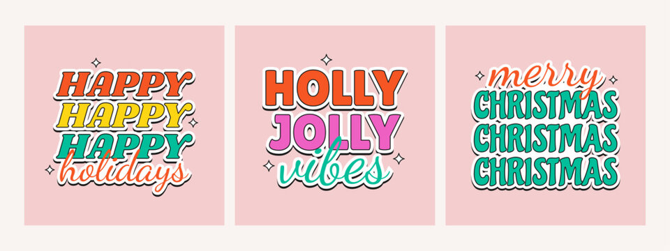 Retro groovy Christmas sticker collection in flat cartoon style. Xmas hippie poster, greeting card. Vector illustration