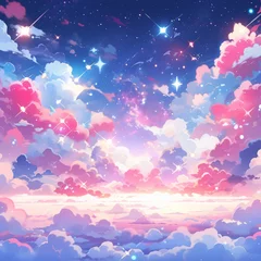 Deurstickers Lichtroze Colorful Starry Sky with Sunset Background in Anime Style