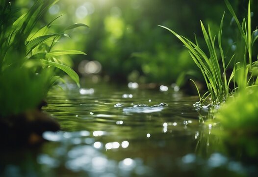 Beautiful spring detailed close up stream of fresh water with young green plants Horizontal banner 