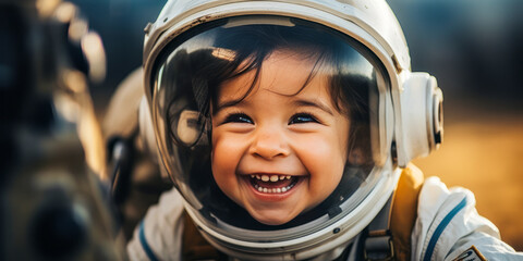 Girl in astronaut suit pretending to walk on moon indoors. - obrazy, fototapety, plakaty
