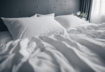 White bedding sheets and pillow background Messy bed concept technology