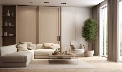 Modern living room interior with door 3d rendering