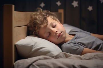 Fototapeta premium A happy kid, baby boy peacefully sleeps radiating innocence and joy. The soft smile on his tiny face reflects the love and tenderness surrounding him. Cozy sleeping. Peaceful dreams. Comfortable bed.