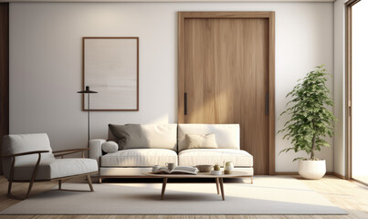 Modern living room interior with door 3d rendering