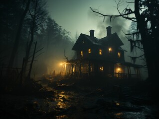Scary House in the Forest with Spooky Trees. Horror Background