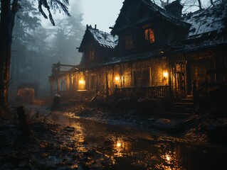 Fototapeta premium Scary House in the Forest with Spooky Trees. Horror Background