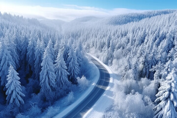 Aerial drone view of a curved winding road through the forest up in the mountains in the winter with snow covered trees and curved streets in winter. Generative AI