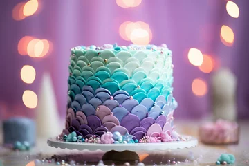 Fotobehang Mermaid themed birthday: fish tail scales gradient blue and purple cake with bokeh background © World of AI