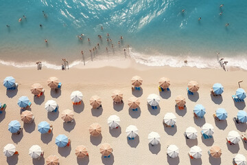 Aerial top view shot of beach umbrellas and people swimming in the sea. people on hot sunny day. People relax, sunbathe and swim in the sea. Ocean beach with people coastline view. Generative AI - obrazy, fototapety, plakaty
