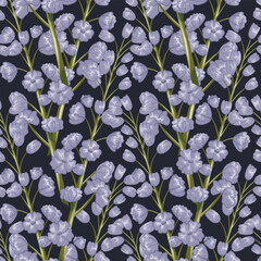 Cartoon purple lupine flower. Vector isolated plant, tender buds on the stem.