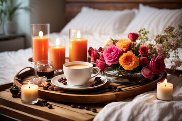 Fototapeta na wymiar Romantic breakfast in bed with coffee, rose flowers, candles and coffee beans
