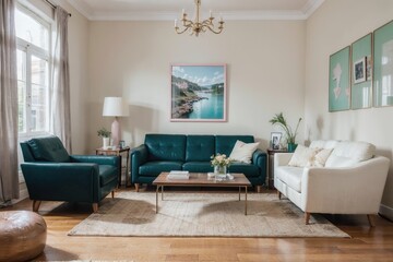 Interior mockup with picture frame on a Wall. Living room in pastel colors with sofa and painting...