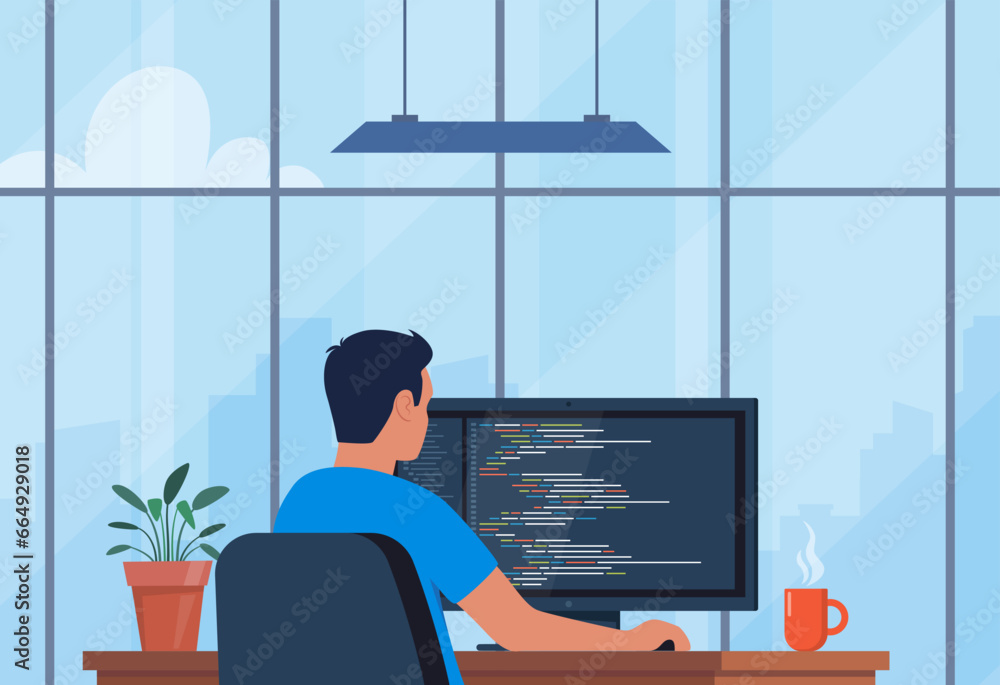 Poster young man writing code on a desktop computer. software developer at work. workplace with modern inte