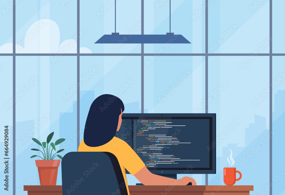 Poster young woman writing code on a desktop computer. software developer at work. workplace with modern in