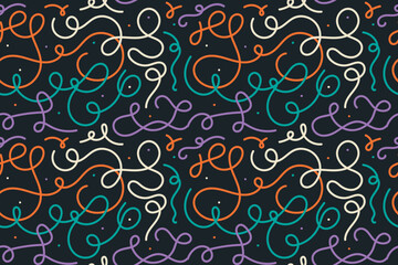 Squiggle cute naive seamless pattern. Creative bright scribble abstract style. Colored background illustration for celebration. Simple hand drawn wallpaper print