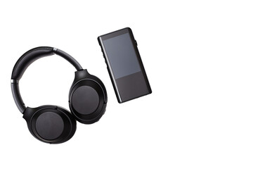 Noise canceling headphones and hi-fi player on a white background. Isolated