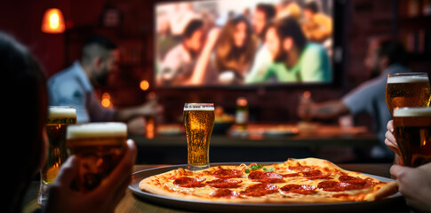 Pizza, Beer, and a Movie: Friends Savoring a Bite while Watching TV - A Fun Social Gathering with Delicious Treats.