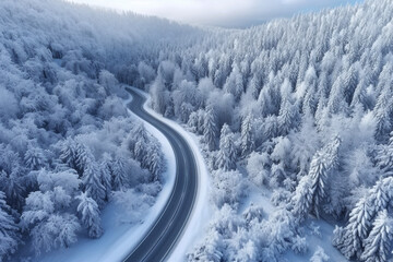 Fototapeta na wymiar Aerial drone view of a curved winding road through the forest up in the mountains in the winter with snow covered trees and curved streets in winter. Generative AI