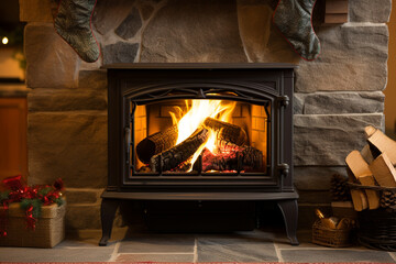 A cozy fireplace with stockings hung and a warm fire burning, illustrating the love and creation of hearth and home, love and creation with copy space