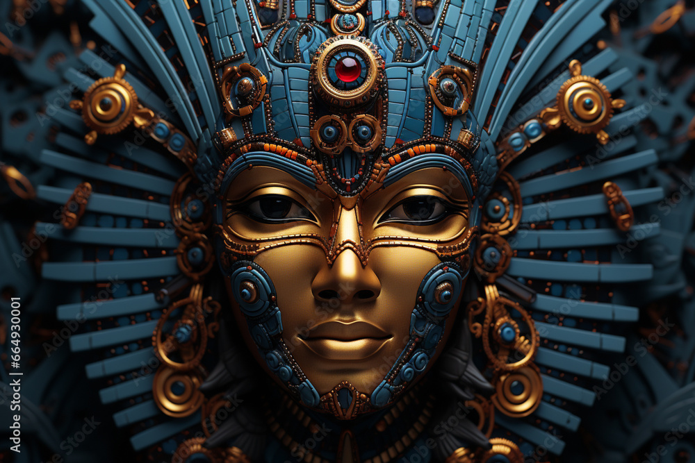 Poster a complex, multi-layered pattern of interlocking shapes that resembles a pharaoh face.