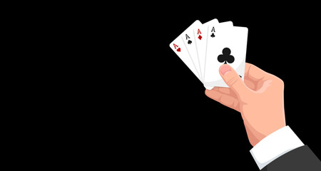 Playing poker card in man hand. Four of a kind. Clubs, hearts, wines, diamonds ace. Gambling in royal casino, lucky entertainment, play blackjack game. Dark background. Vector illustration
