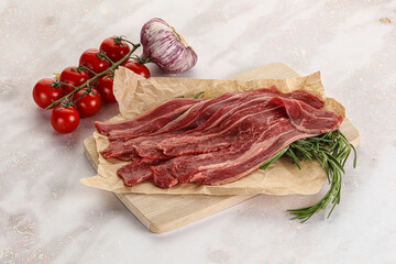 Raw beef bacon for cooking