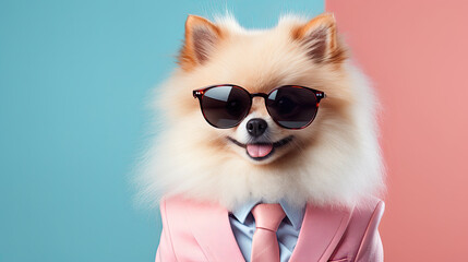 Pomeranian dog wearing sunglasses, tie and costume on a pastel background 