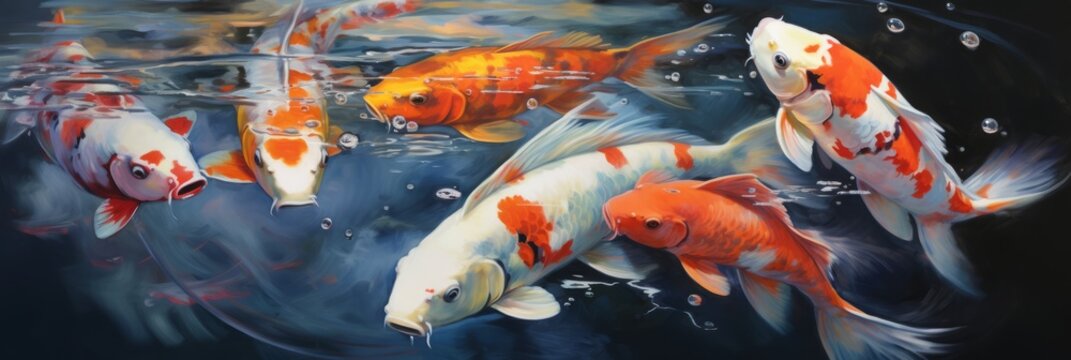 Colorful koi fish gracefully swim in a tranquil pond. This artistic illustration showcases the beauty of East Asian traditions and nature. Perfect for adding an oriental touch to any project.