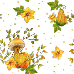 Watercolor autumn pattern with pumpkins and mushrooms. Pumpkin flowers, leaves and twigs.
