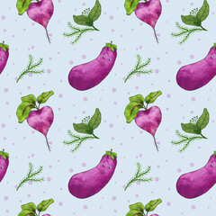 Watercolor vegetable seamless pattern. Illustration with eggplant and beets and greens. Funny children's illustrations.