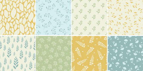 Collection of seamless color vintage floral patterns - hand drawn delicate design. Repeatable spring nature retro backgrounds with branches and flowers. Textile endless prints. Vector illustration