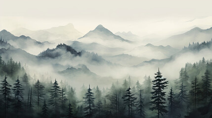 Misty morning view of a mountain range. 