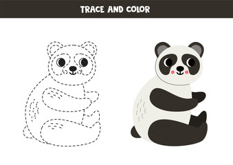 Trace and color cartoon panda bear. Worksheet for children.