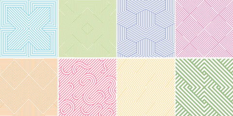 Collection of seamless weave geometric patterns. Color endless striped textures - delicate backgrounds. Bright repeatable prints