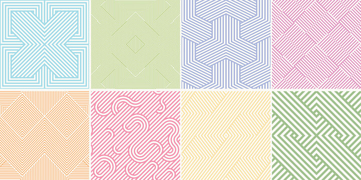 Collection of seamless weave geometric patterns. Color endless striped textures - delicate backgrounds. Bright repeatable prints