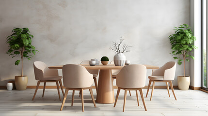 Interior design with marble round table and chairs. Modern dining room with beige wall. Cafe, bar or restaurant interior design. Home interior