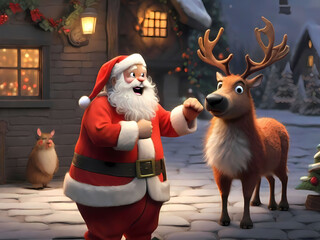 Santa Claus training his successor Rudolph. Generative AI. - obrazy, fototapety, plakaty