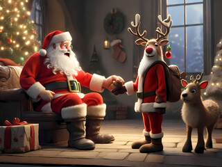 Senior Rudolph introducing his successor Rudolph to Santa Claus. Rudolph is free! Generative AI. - obrazy, fototapety, plakaty