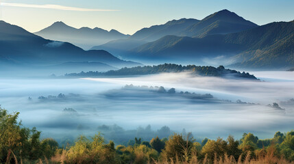 A misty morning view of a mountain range.