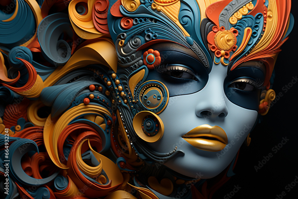 Poster A digital artwork featuring an abstract geometric mask composed of intricate patterns and shapes.  