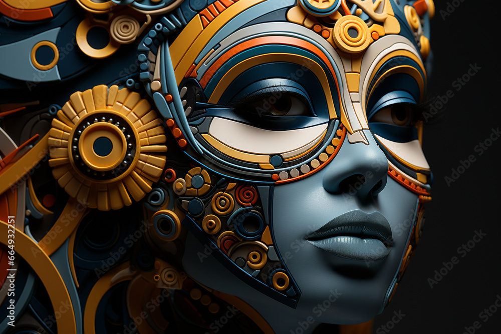 Fototapete a digital artwork featuring an abstract geometric mask composed of intricate patterns and shapes.