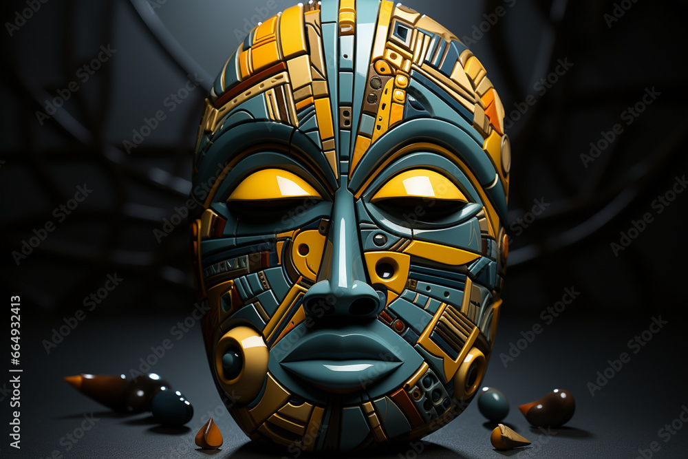 Fototapete a ceramic mask featuring an abstract geometric design with sharp angles and clean lines.