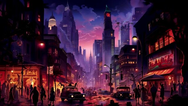 halloween night in the city, seamless looping video background animation, cartoon anime style