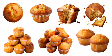 Plain basic classic muffin muffins on transparent background cutout, PNG file. Many assorted different design angles. Mockup template for artwork

